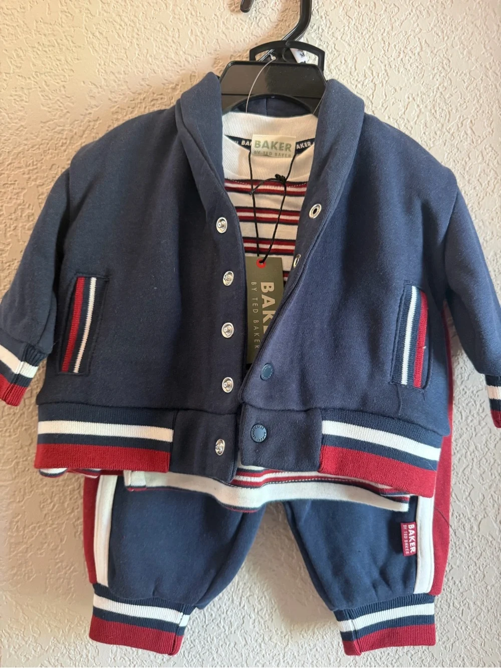 Baker by Ted Baker Navy Baby Hoodie & Jogger Set with Red and White Stripes